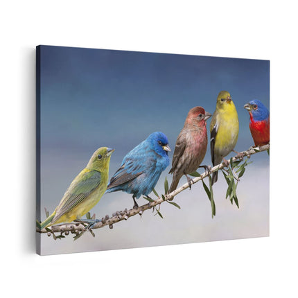 Canvas schilderij vooraanzicht Kleurrijke Zangvogels Op Een Tak - Kleur