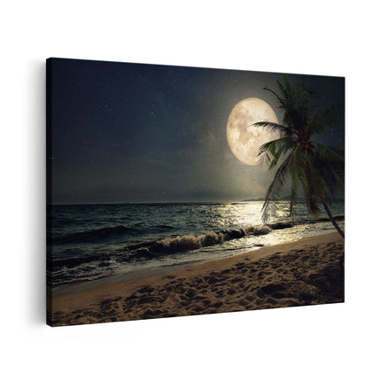 Canvas schilderij vooraanzicht Tropisch Strand In De Nacht Met Volle Maan