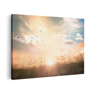 Canvas schilderij vooraanzicht Silhouet Vogels Tijdens Zonsopkomst
