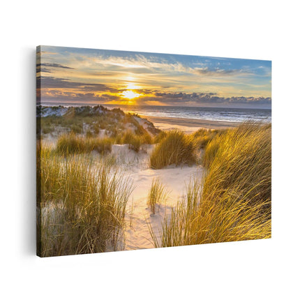 Canvas schilderij vooraanzicht Strand En Duinen Tijdens Zonsondergang