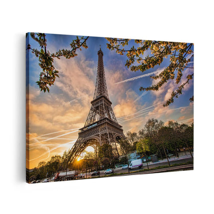Canvas schilderij vooraanzicht Eiffeltoren In Parijs Tijdens Zonsondergang