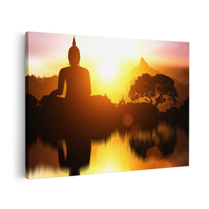 Canvas schilderij vooraanzicht Silhouet Van Boeddha Beeld Met Zonsondergang