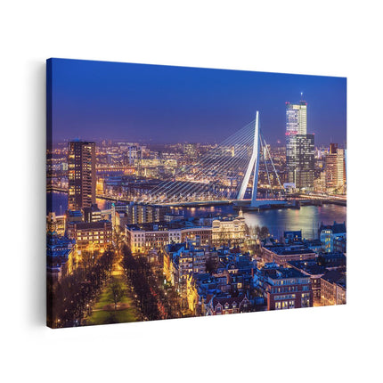 Canvas schilderij vooraanzicht Rotterdamse Skyline Met De Erasmusbrug 