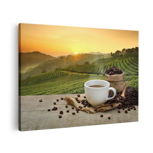 Canvas schilderij vooraanzicht Kopje Koffie Op Een Plantage Achtergrond6