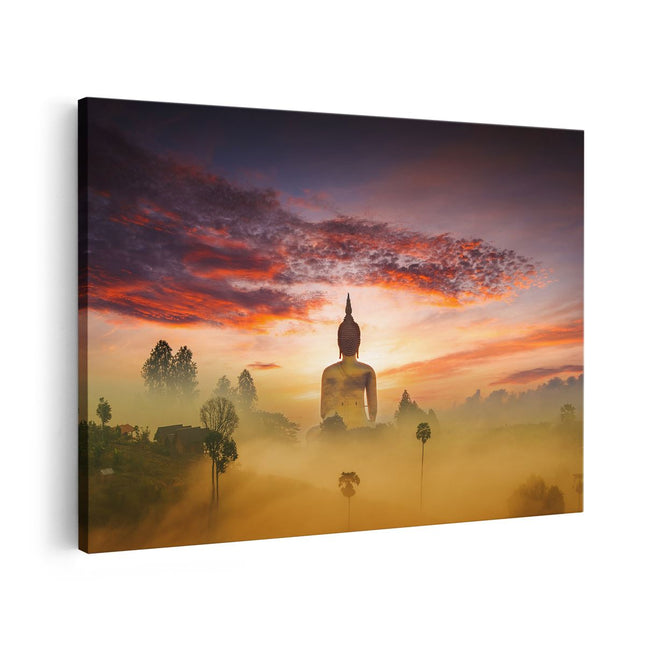 Canvas schilderij vooraanzicht Boeddha Beeld In De Mist