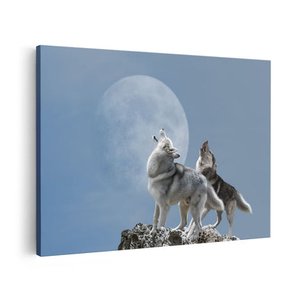 Canvas schilderij vooraanzicht Twee Wolven Die Huilen Tijdens Volle Maan