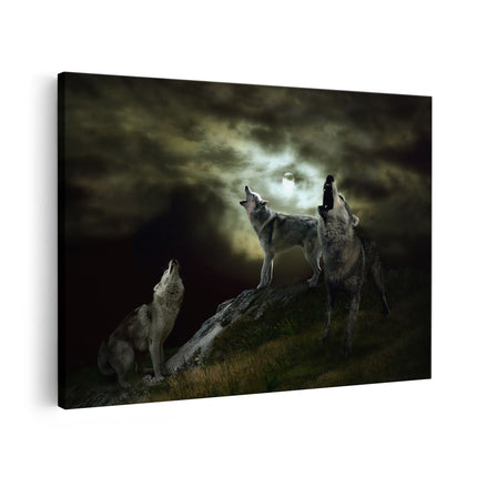 Canvas schilderij vooraanzicht Drie Huilende Wolven Tijdens Volle Maan