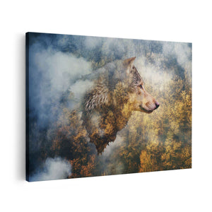 Canvas schilderij vooraanzicht Wolvenkop Op Een Herfstbos - Wolf - Abstract