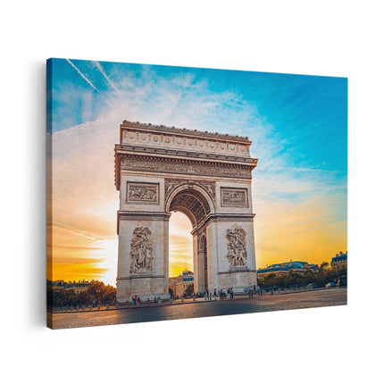 Canvas schilderij vooraanzicht Arc De Triomphe In Parijs Met Zonsondergang