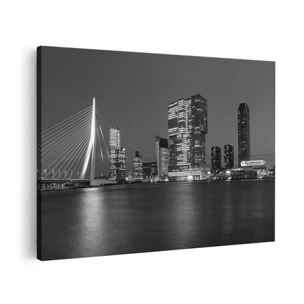 Canvas schilderij vooraanzicht Rotterdamse Skyline - Zwart Wit