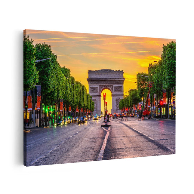 Canvas schilderij vooraanzicht Arc De Triomphe In Parijs Vanaf De Straat
