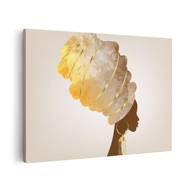Canvas schilderij vooraanzicht Afrikaanse Vrouw Met Gouden Tulband 