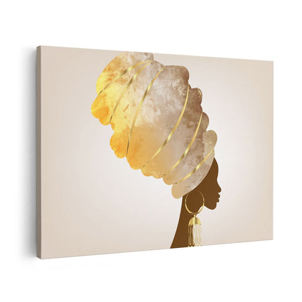 Canvas schilderij vooraanzicht Afrikaanse Vrouw Met Gouden Tulband 