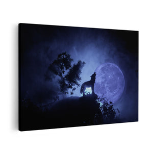 Canvas schilderij vooraanzicht Huilende Wolf In Silhouet Bij Volle Maan
