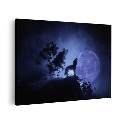 Canvas schilderij vooraanzicht Huilende Wolf In Silhouet Bij Volle Maan
