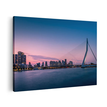 Canvas schilderij vooraanzicht Erasmusbrug In Rotterdam Met Zonsondergang