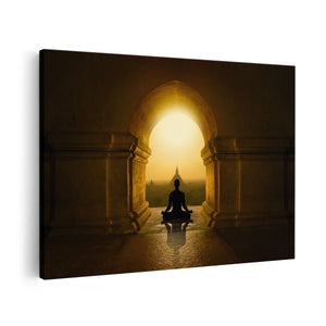 Canvas schilderij vooraanzicht Man Doet Yoga In Een Boeddha Tempel