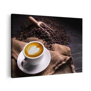 Canvas schilderij vooraanzicht Kopje Koffie In Een Hartje Met Koffiebonen