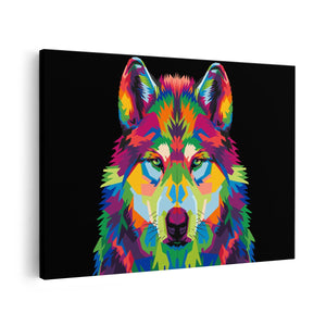 Canvas schilderij vooraanzicht Gekleurde Wolvenkop - Wolf - Abstract