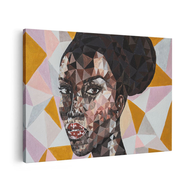 Canvas schilderij vooraanzicht Afrikaanse Vrouw In Driehoekjes - Abstract