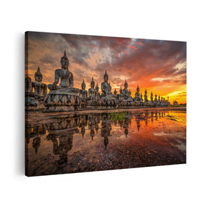 Canvas schilderij vooraanzicht Boeddha Beelden Tijdens Zonsondergang