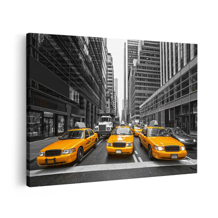 Canvas schilderij vooraanzicht New York Gele Taxi's - Zwart Wit