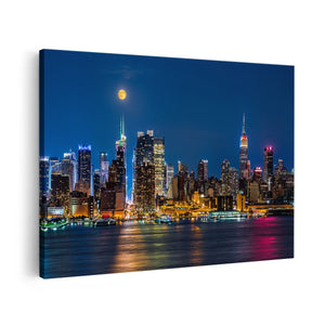 Canvas schilderij vooraanzicht Verlichte Skyline Van New York Met Volle Maan