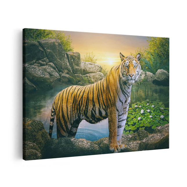Canvas schilderij vooraanzicht Luipaard In Een Vijver Bij Zonsondergang
