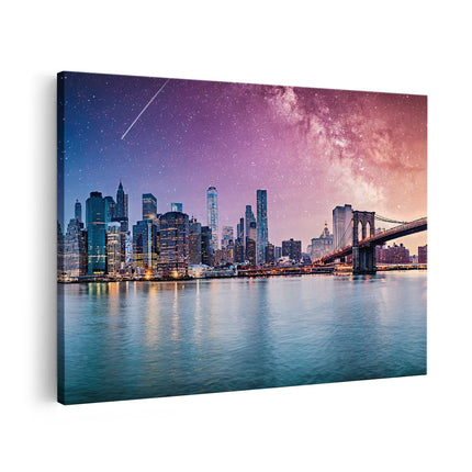 Canvas schilderij vooraanzicht New York Skyline Met Een Kleurrijke Hemel