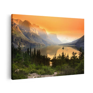 Canvas schilderij vooraanzicht Bergen Met Een Meer In Nationaal Park Glacier