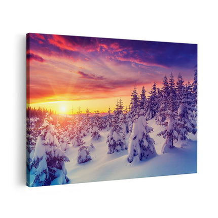 Canvas schilderij vooraanzicht Zonsondergang In Het Sneeuw Bos 