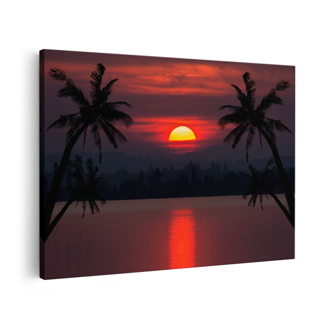 Canvas schilderij vooraanzicht Zonsondergang Op Het Strand Met Palmbomen