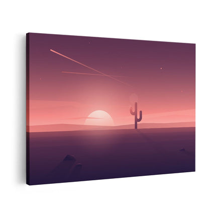 Canvas schilderij vooraanzicht Zonsondergang In De Woestijn Met Een Cactus