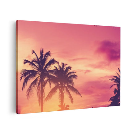 Canvas schilderij vooraanzicht Tropische Palmbomen Met Zonsondergang