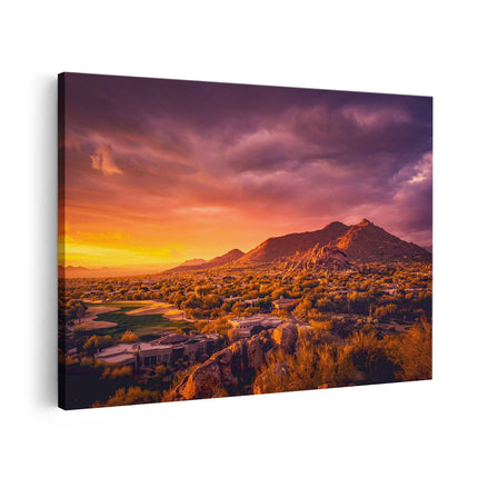 Canvas schilderij vooraanzicht Woestijn Landschap Met Zonsondergang 