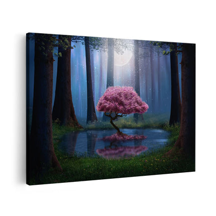 Canvas schilderij vooraanzicht Roze Boom Op Een Vijver In De Nacht