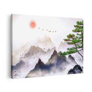 Canvas schilderij vooraanzicht Bergenlandschap Met Een Boom - Abstract
