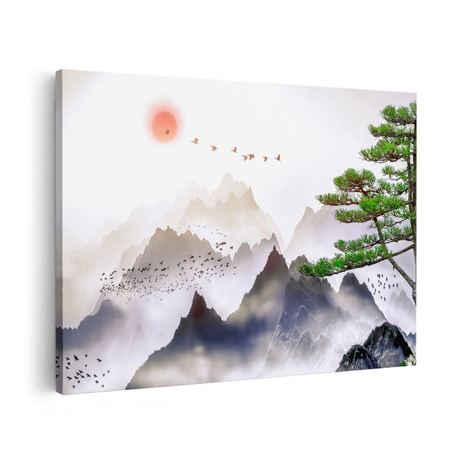 Canvas schilderij vooraanzicht Bergenlandschap Met Een Boom - Abstract