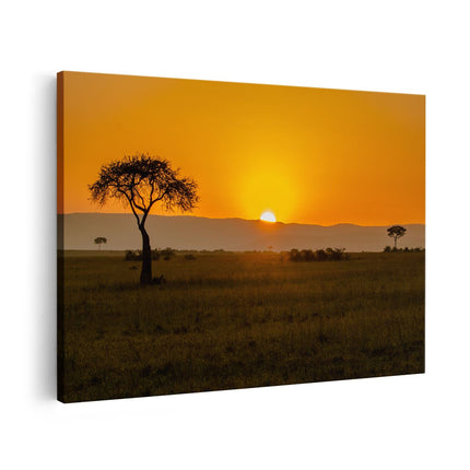 Canvas schilderij vooraanzicht Zonsopgang In De Savanne Met Een Boom