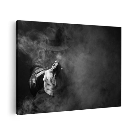 Canvas schilderij vooraanzicht Man Met Een Hoed Trekt Zijn Pistool - Zwart Wit