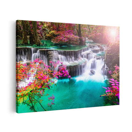 Canvas schilderij vooraanzicht Waterval In De Herfst Met Kleurrijke Bloemen