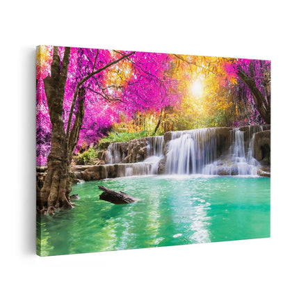 Canvas schilderij vooraanzicht Waterval Met Groen Water En Roze Bladeren