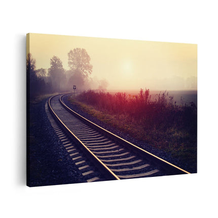 Canvas schilderij vooraanzicht Spoorweg Rails Tijdens De Herfst Met Mist