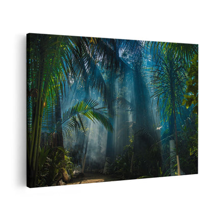 Canvas schilderij vooraanzicht Dichtbegroeide Jungle Met Zonnestralen 