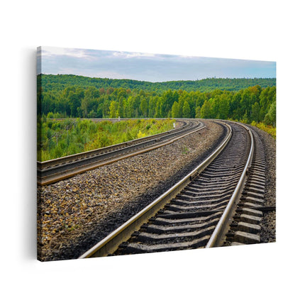 Canvas schilderij vooraanzicht Rails Spoorwegen In Een Bocht