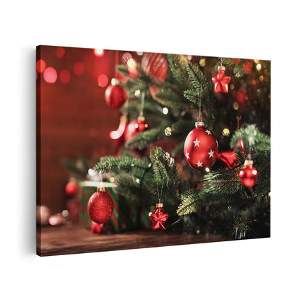 Canvas schilderij vooraanzicht Kerstboom Met Rode Lichtjes En Kerstballen