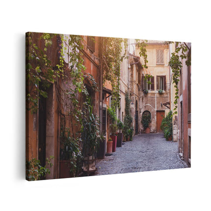 Canvas schilderij vooraanzicht Straatje in Rome met Groene Planten