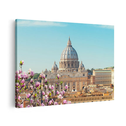 Canvas schilderij vooraanzicht Sint Pietersbasiliek in Rome met Bloemen