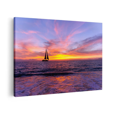 Canvas schilderij vooraanzicht Zeilboot Silhouet bij Zonsondergang