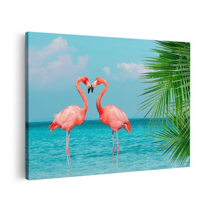 Canvas schilderij vooraanzicht Twee Flamingo's in een Hart Vorm in het Water